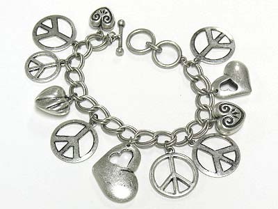 Multi metal peace and heart charm dangle toggle bracelet