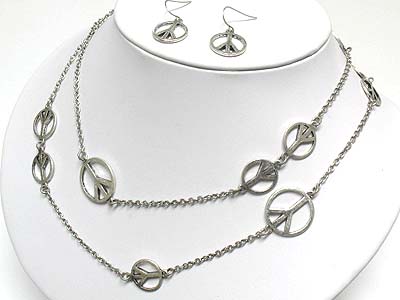 Metal peace mark and chain link long necklace and earring set