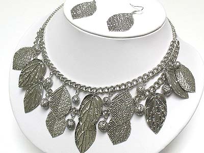 Double strand metal leaves and ball dangle necklace and earring set