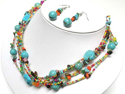 Multi strand turquoise and natural chip stone necklace and earring set