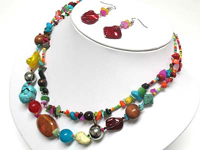 Double strand natural stone and multi beads necklace and earring set