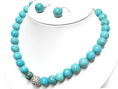 Turquoise stone ball and crystal ball necklace and earring set