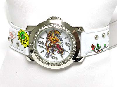 Crystal designer inspired tattoo picture leather band watch