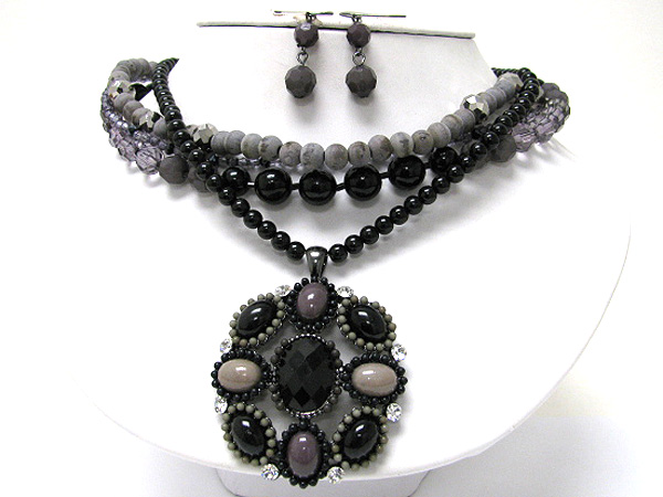 Boutique style stone and beads art deco multi strand necklace earring set