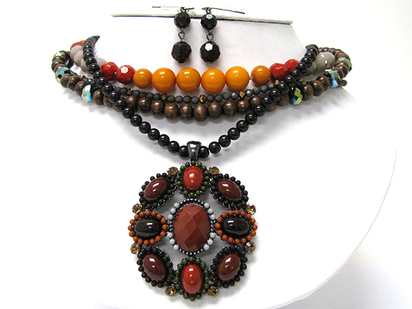 Boutique style stone and beads art deco multi strand necklace earring set