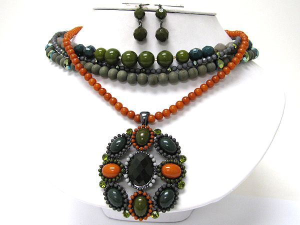 Boutique style stone and beads art deco multi strand necklace earring set