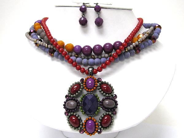 Boutique style stone and beads art deco multi strand necklace earring set