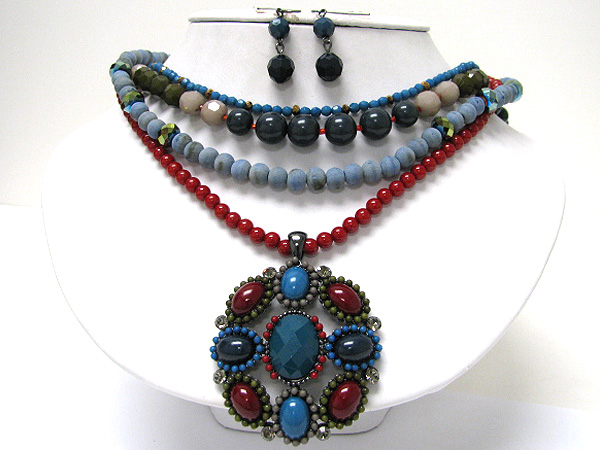 Boutique style stone and beads art deco multi strand necklace earring set