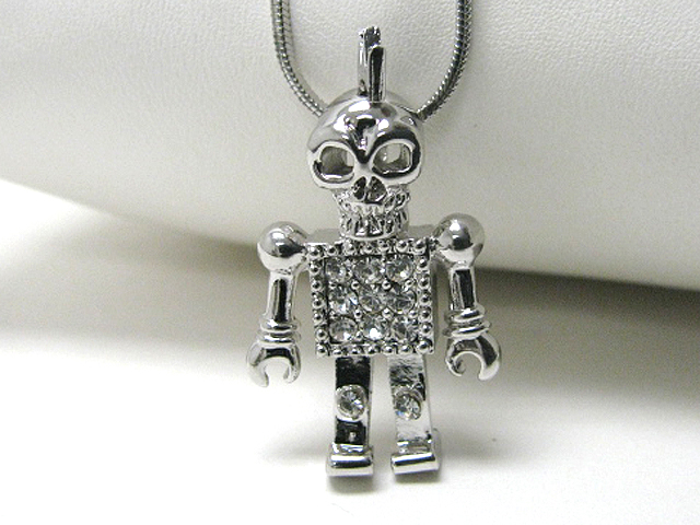 Made in korea whitegold plating crystal stud skull robot pendant necklace