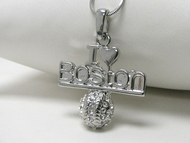 Made in korea whitegold plating crystal stud i love boston pendant necklace