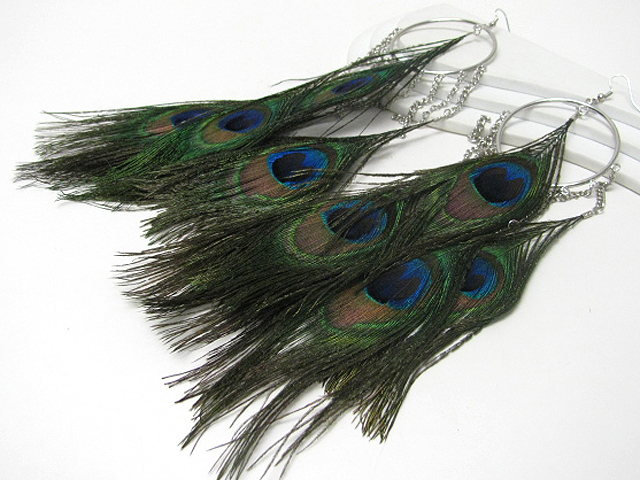 10 inch super long  multi peacock feather drop earring