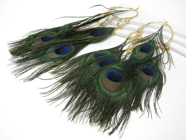 10 inch super long  multi peacock feather drop earring