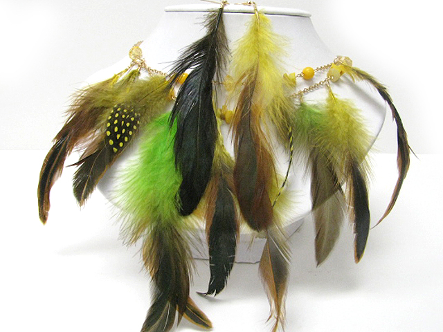 Multi feather and beads chain necklace earring set