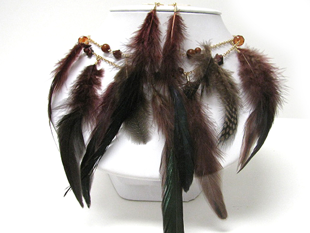 Multi feather and beads chain necklace earring set