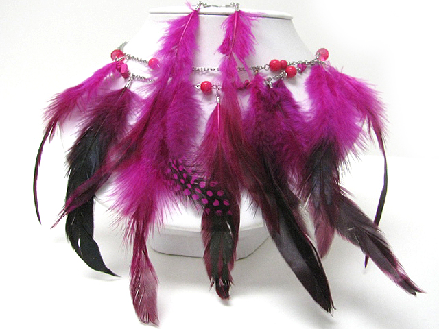 Multi feather and beads chain necklace earring set