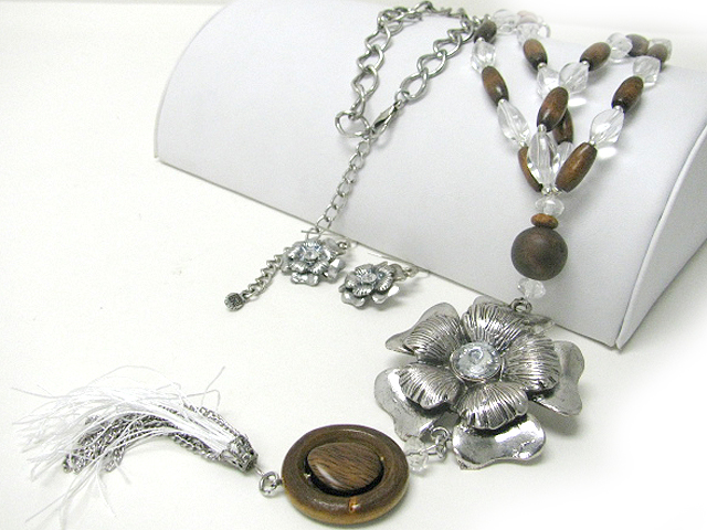 Metal flower and taseel drop wood and glass long necklace earring set