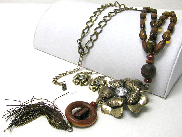 Metal flower and taseel drop wood and glass long necklace earring set