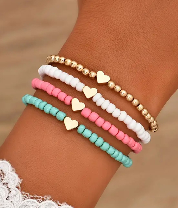 Multi seedbead and heart 4 piece stackable stretch bracelet set