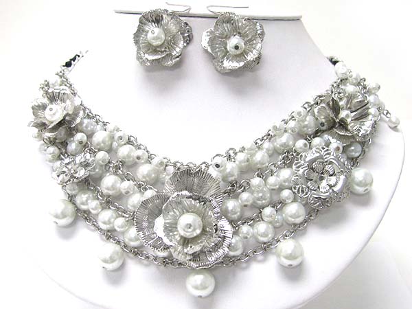 Flower accent multi layer metal chain and pearl beads necklace earring set