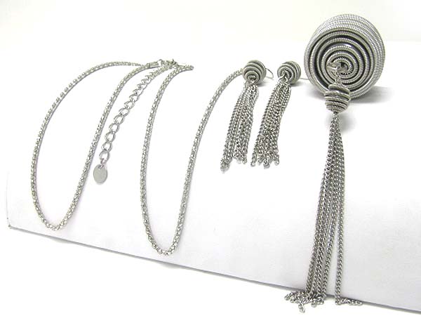 Metal tube chain swirl design tassel drop long necklace earring set