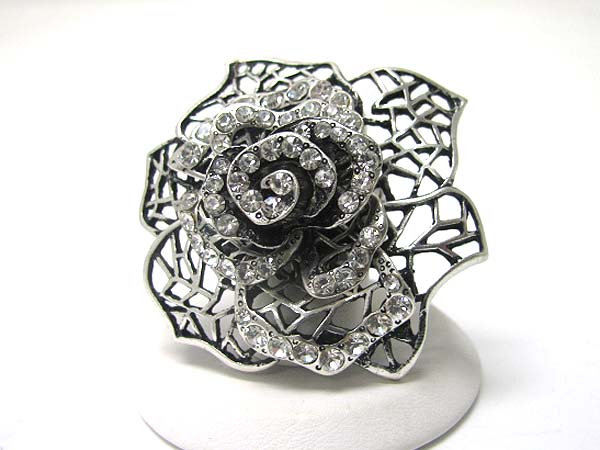 Crystal stud antique burnish metal flower stretch ring