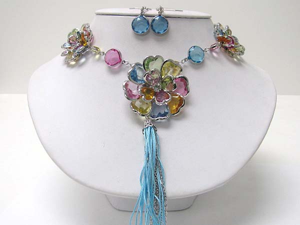 Acryl and crystal art deco flower link tassel long drop necklace earring set