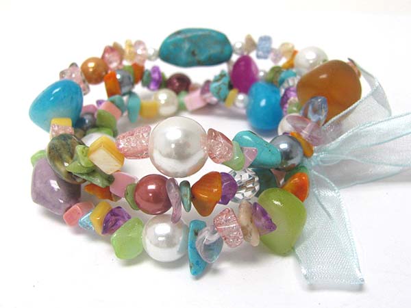 Mixed natural stone and beads ribbon tie stretch bracelet