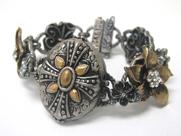 Antique look burnish metal flower link bracelet