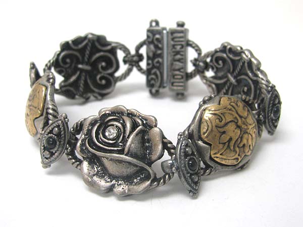 Antique look burnish metal flower link bracelet