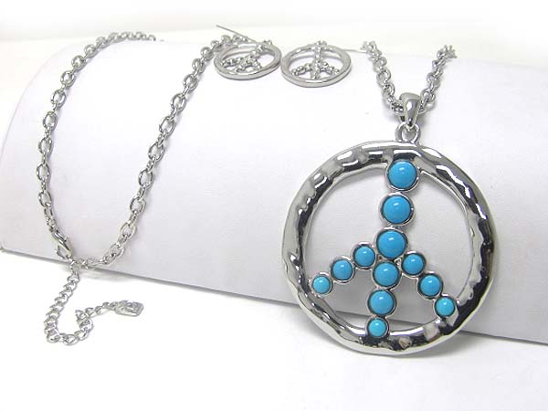 Large peace mark pendant long necklace earring set