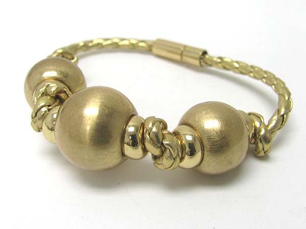 Scratch metal ball and braided cord magnetic clasp bracelet - brass metal