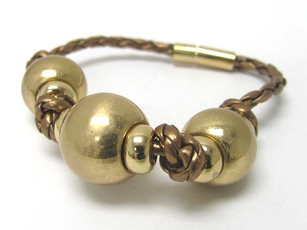 Scratch metal ball and braided cord magnetic clasp bracelet - brass metal