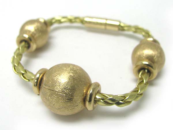 Scratch metal ball and braided cord magnetic clasp bracelet - brass metal