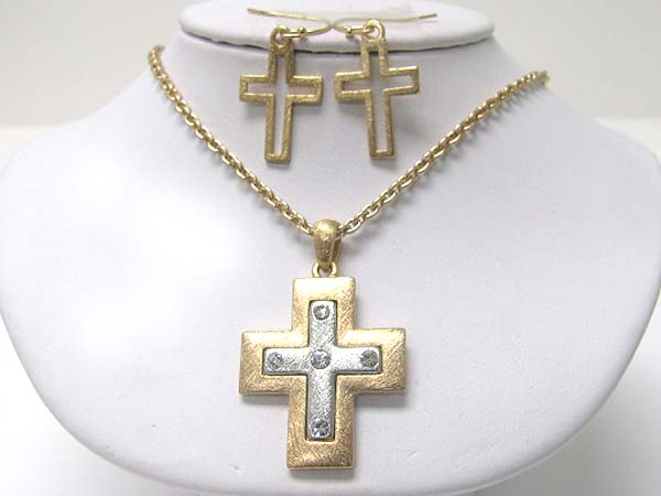 Crystal stud scratch metal cross pendant neckalce earring set - brass metal