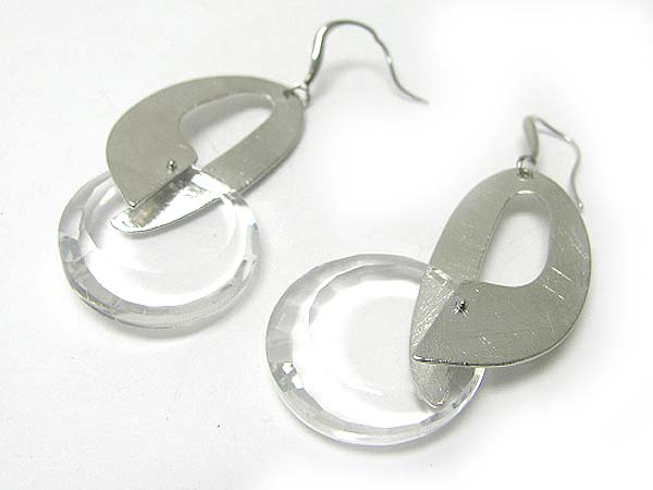 Crystal cut round glass disk and scratch metal earring - brass metal