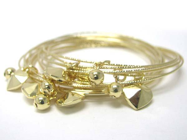 Metal heart and ball dangle multi row metal bangle set