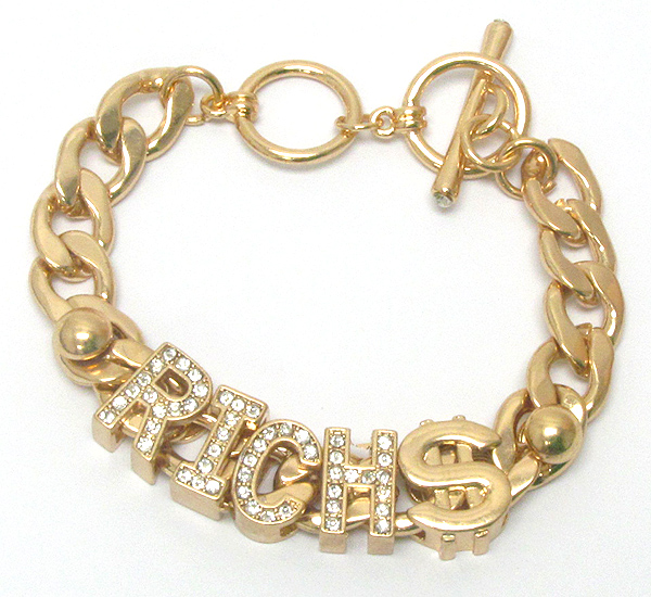 Crystal deco rich letter and thick chain bracelet