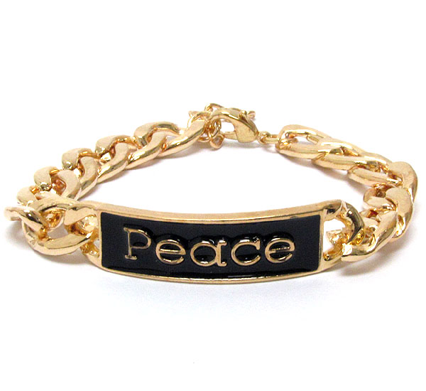 Epoxy deco peace on metal plate and thick metal chain bracelet