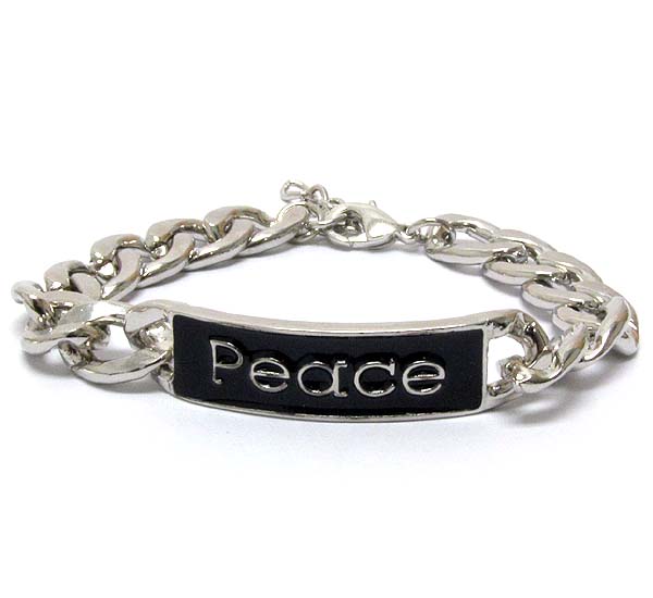 Epoxy deco peace on metal plate and thick metal chain bracelet