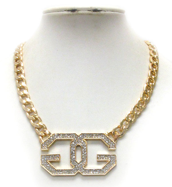 Crystal deco double g link and thick chain necklace