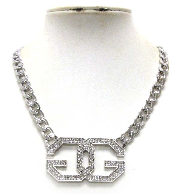 Crystal deco double g link and thick chain necklace