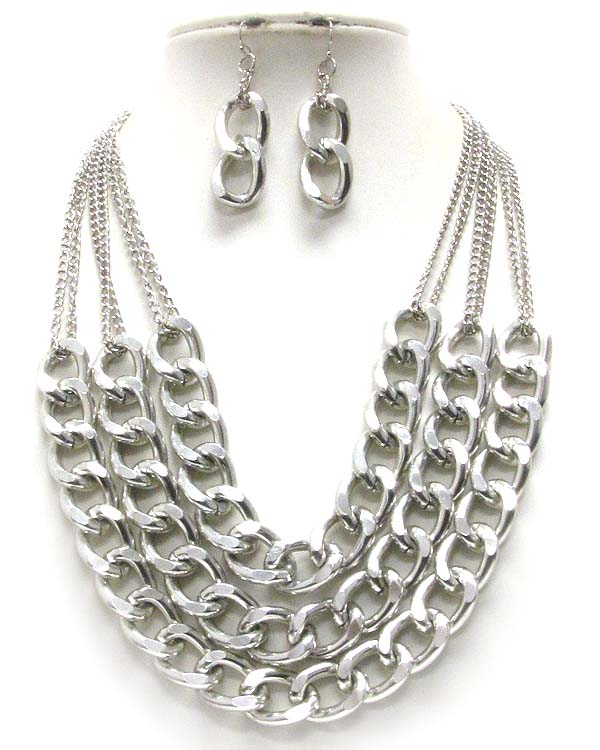 Three layered thick metal chain necklace earring set