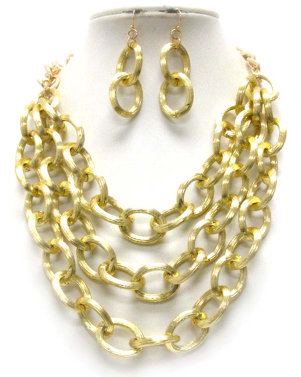 Three layered thick metal chain necklace earring set