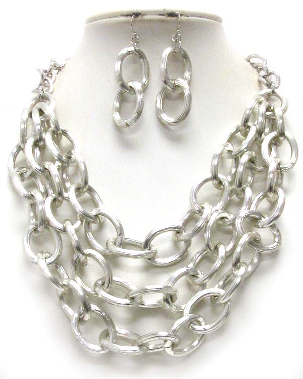 Three layered thick metal chain necklace earring set