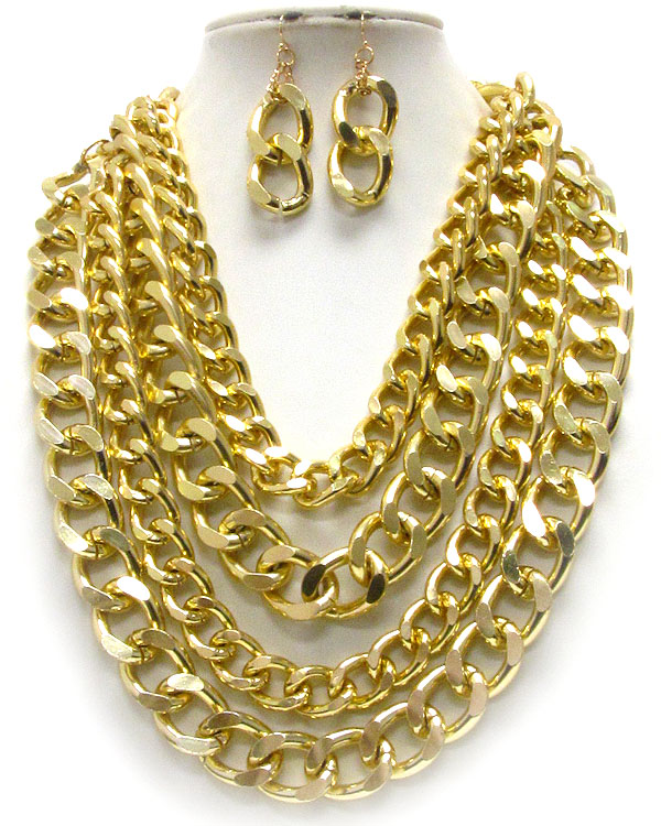 Four layered thick metal chain necklace earring set