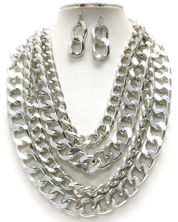 Four layered thick metal chain necklace earring set