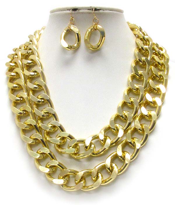 Double layered thick metal chain necklace earring set