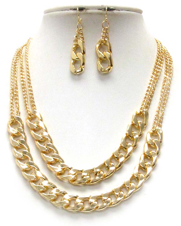 Double layered thick metal chain necklace earring set