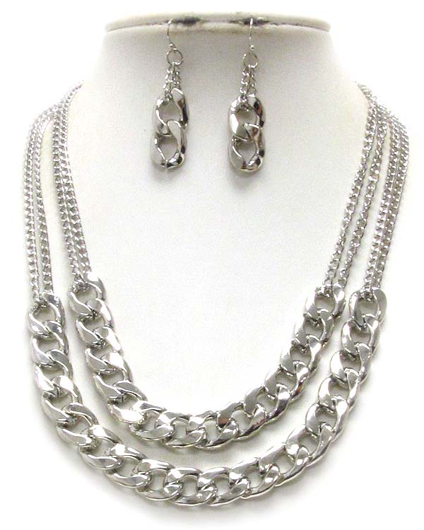 Double layered thick metal chain necklace earring set