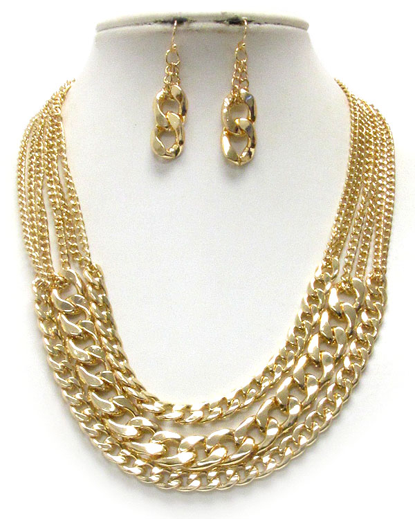 Three layered thick metal chain mix necklace earring set